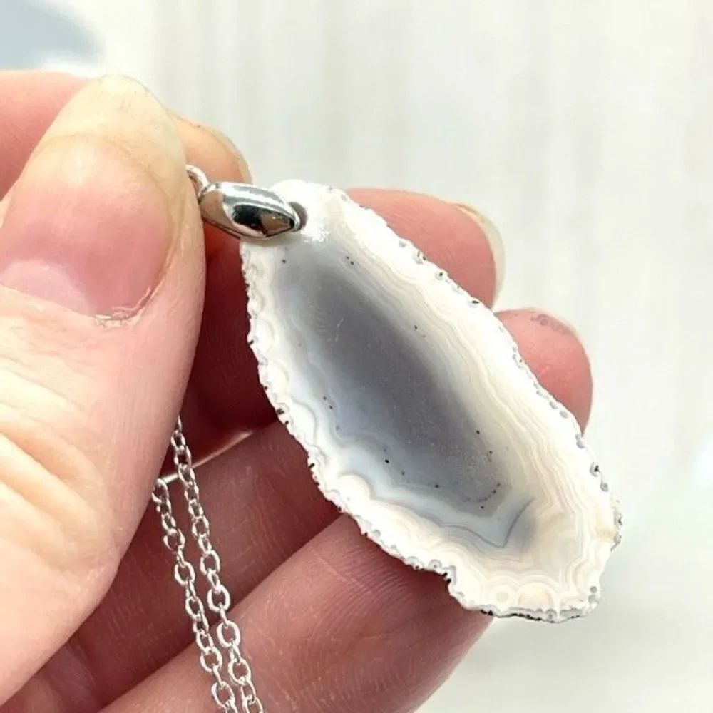 White agate crystal slice pendant necklace golden wrap gold tone chain 24”